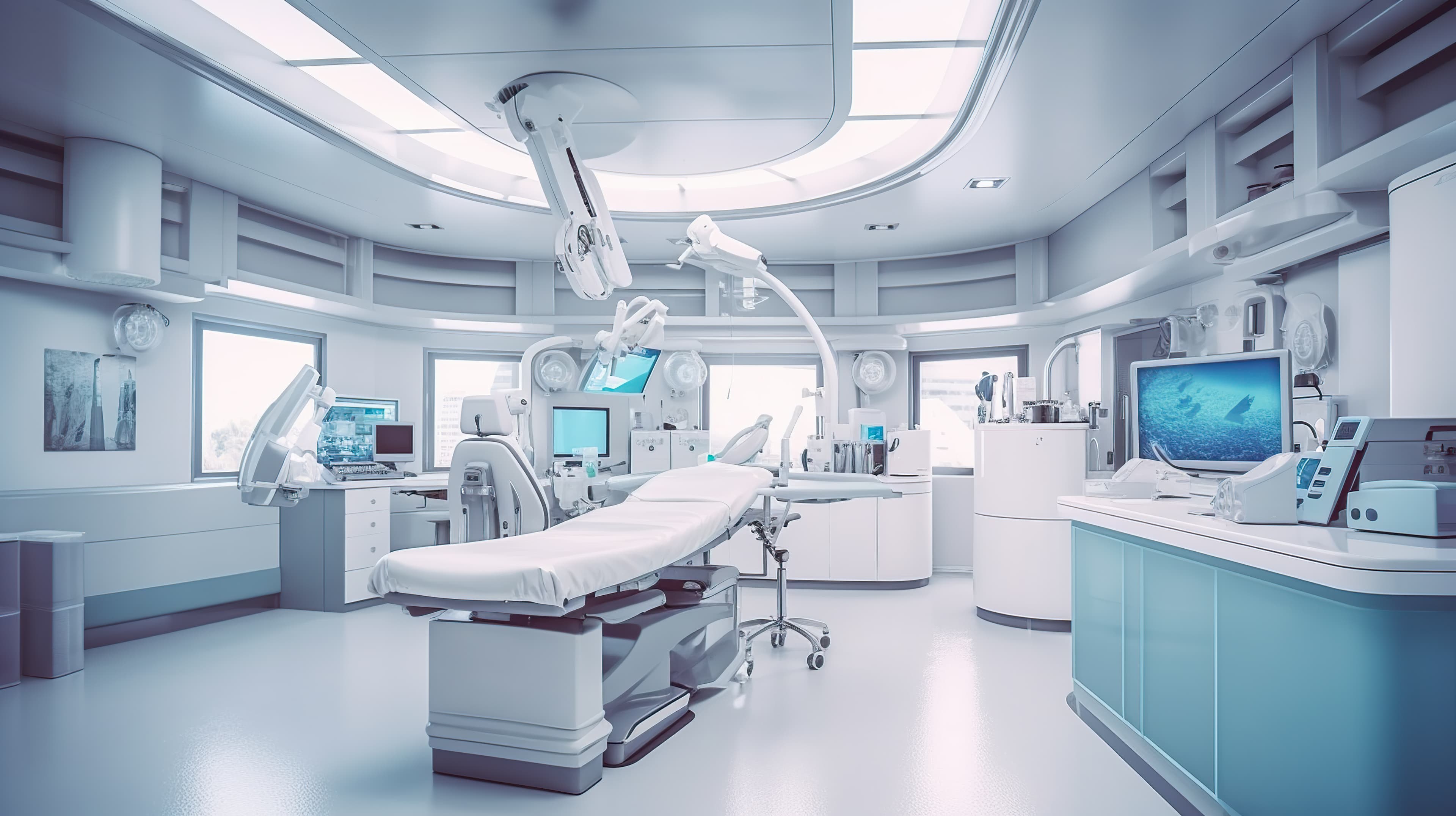 Modern fully-equipped operating theatre with surgical lighting and clinical technology